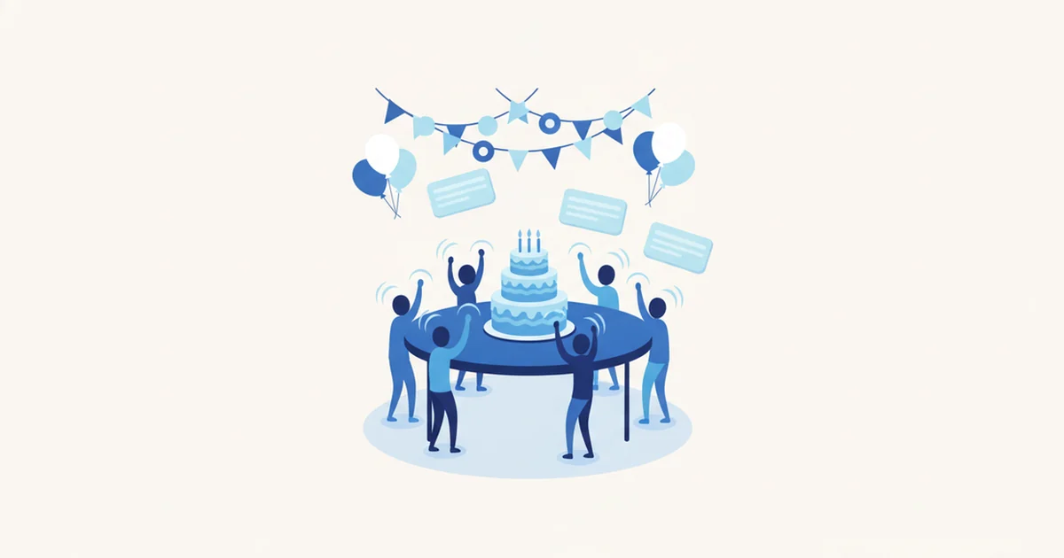 Illustration : un gâteau à étages posé au centre d'une table ronde, sept invités debout autour les bras levés, une guirlande de fanions et des ballons au-dessus, et trois cartes vierges qui flottent à côté.