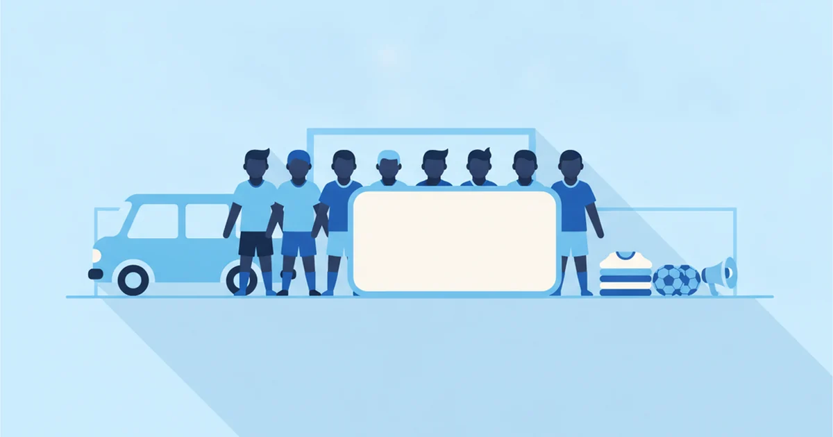 Illustration : une équipe sportive alignée devant les buts, un minibus de covoiturage sur la gauche, un maillot plié, deux ballons et un mégaphone sur la droite, et un panneau vierge au premier plan.