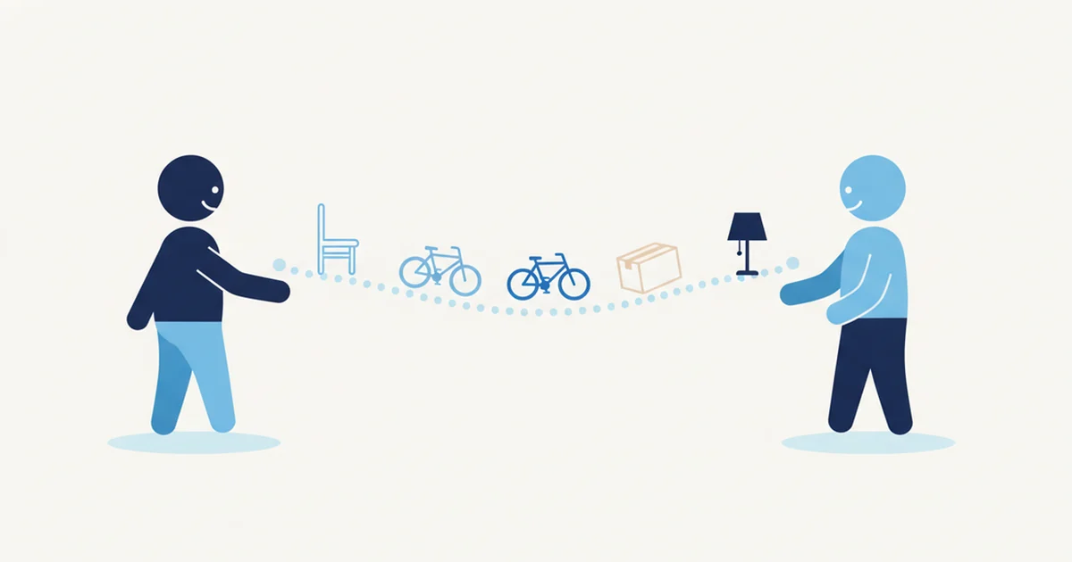Illustration : une personne tend des objets à une autre le long d'un arc en pointillés, une chaise, deux vélos, un carton et une lampe de chevet qui passent de l'une à l'autre.